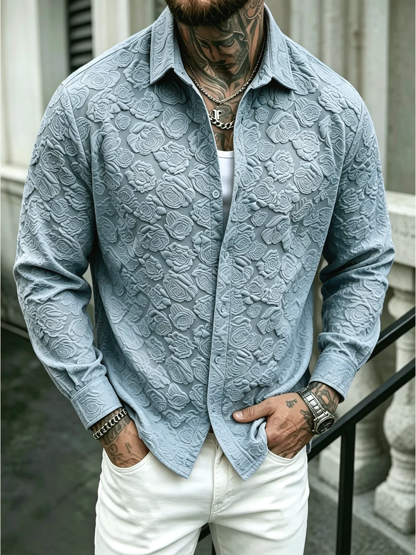 Men's 3D Rose Embossed Long Sleeve Shirt Lapel Button Down Slim Fit Casual Shirts Fashion Streetwear Male Chemise Camisa Masculi