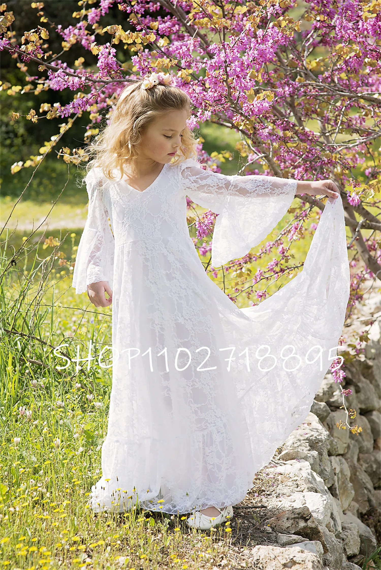 

Flower Girls Wedding Dress Lace Tulle Long Train Princess Holly Communion Baptism Gown Kids Pageant Party Clothes Girl Ball Gown