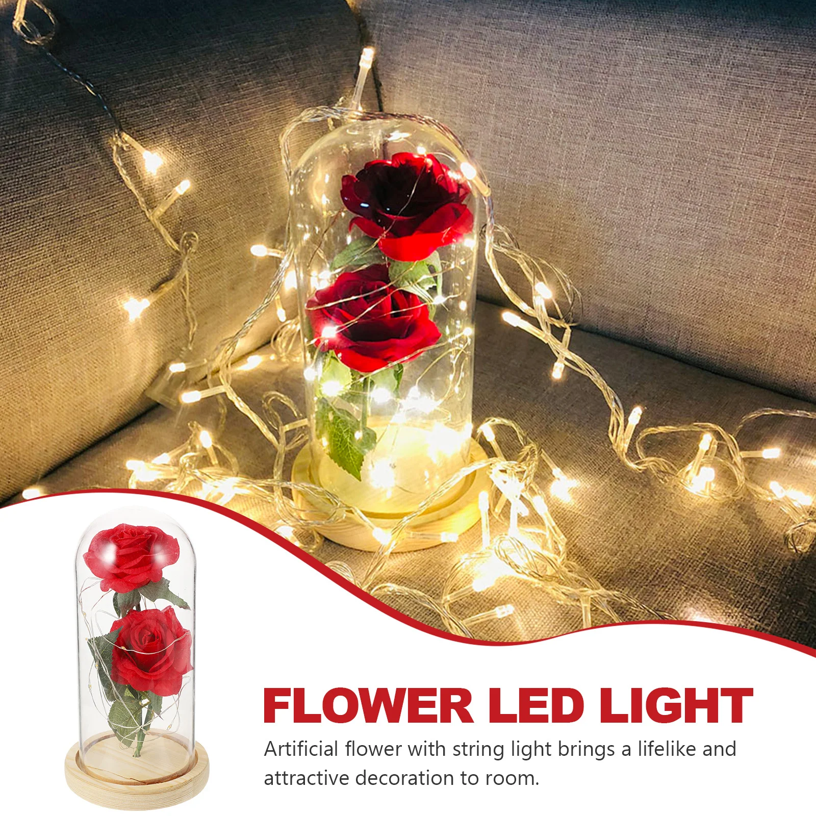 

2 Artificial Flower String Light Preserved in Glass Dome Beige Wood Base Warm Romantic