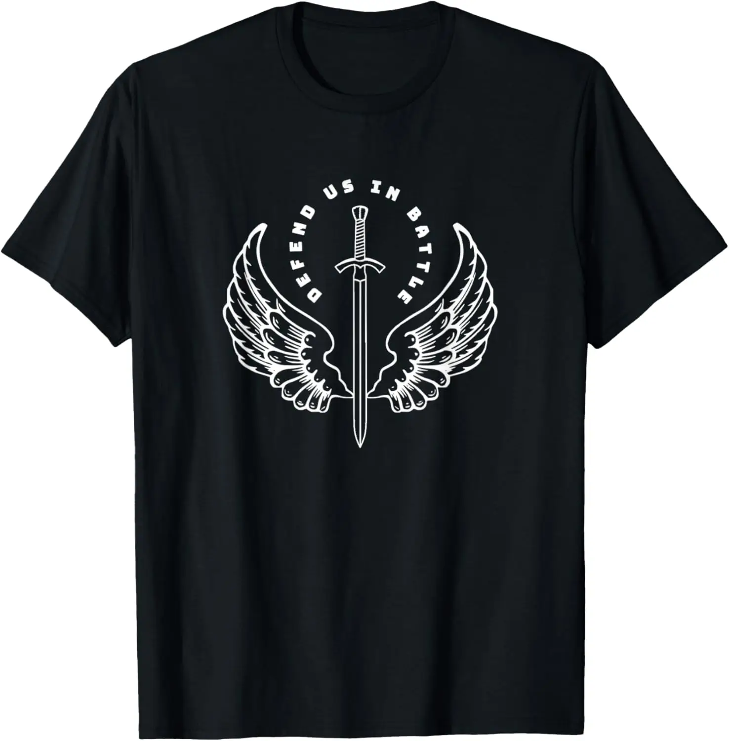 

Defend Us In Battle Sword Wings Graphic T-Shirt Breathable Soft Cotton Short Sleeve Tee