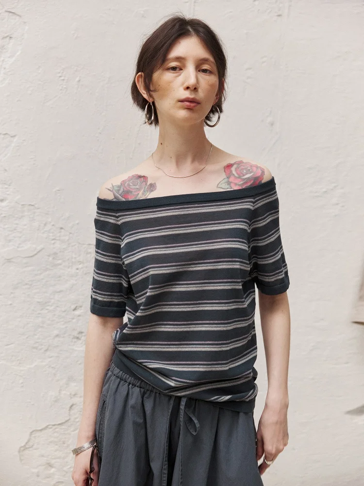 

Loose Striped Knitted One oulder ort Sve Women's T-irt Casual Sle Nylon Cotton Blend Summer Thin Fabric Design