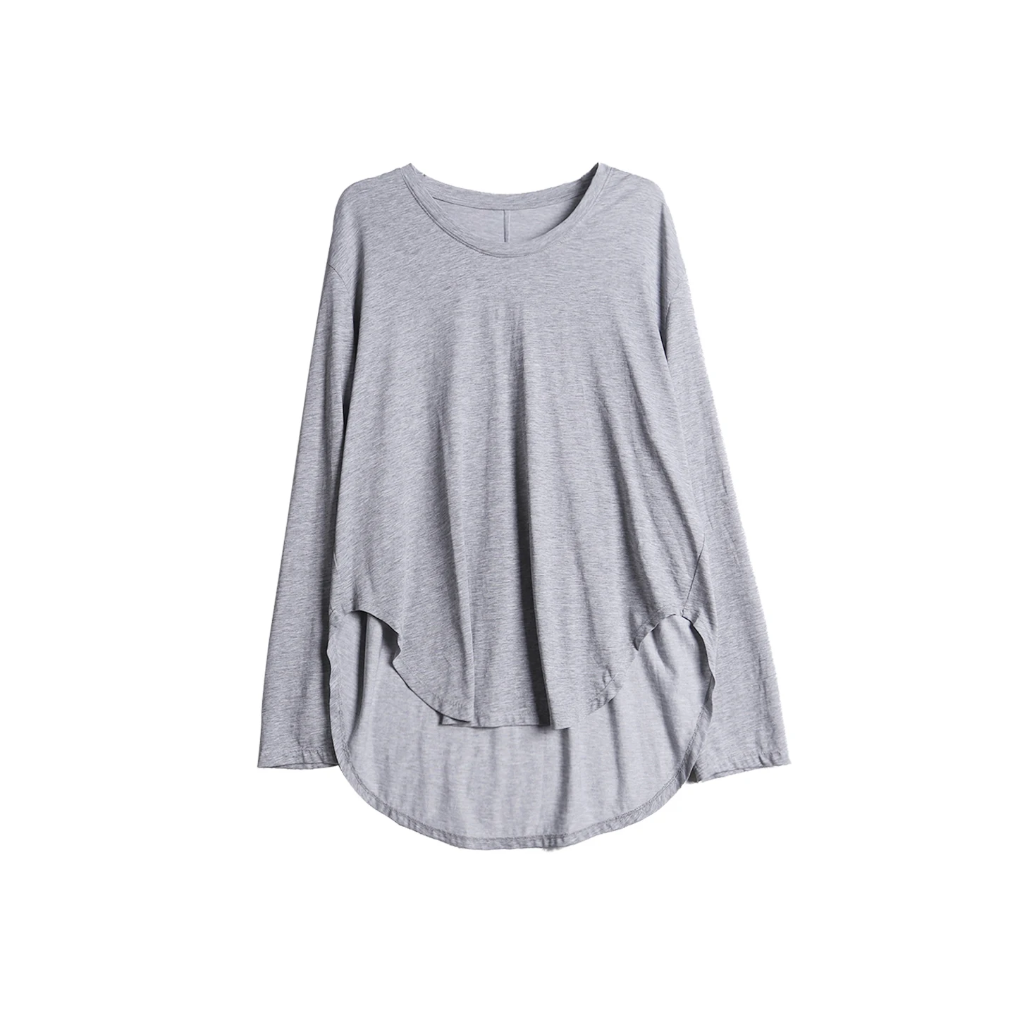 

Loose Fit Casual round Ne T-irt Draped Drapey Arcuate Hem Long Sve Cotton Blend Breathable Comfortable Women's Top