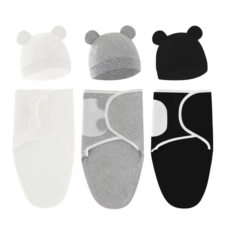 طفل بطانية طقم قبعات الكرتون المطبوعة القطن الوليد قماط قابل للتعديل الرضع النوم قماط يلتف جميع الفصول 0-6 أشهر