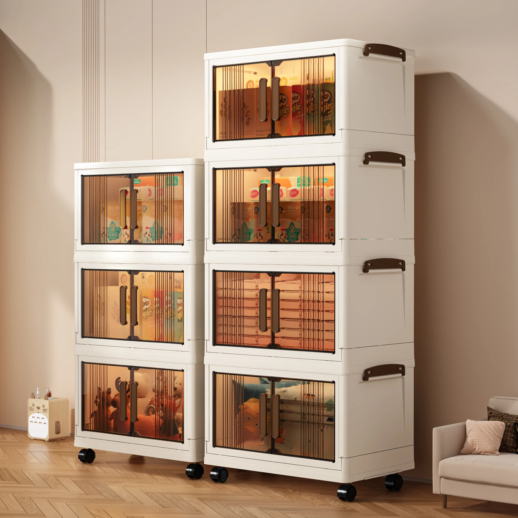 2-Layer/3-Layer/4-Layer/5-Layer 40cm Foldable Storage Cabinet, Multi-Functional Plastic No-Installation Storage Cabinet with Doors, Extra Thick for Snacks, Clothes, Toys, Kitchen, Living Room Storage