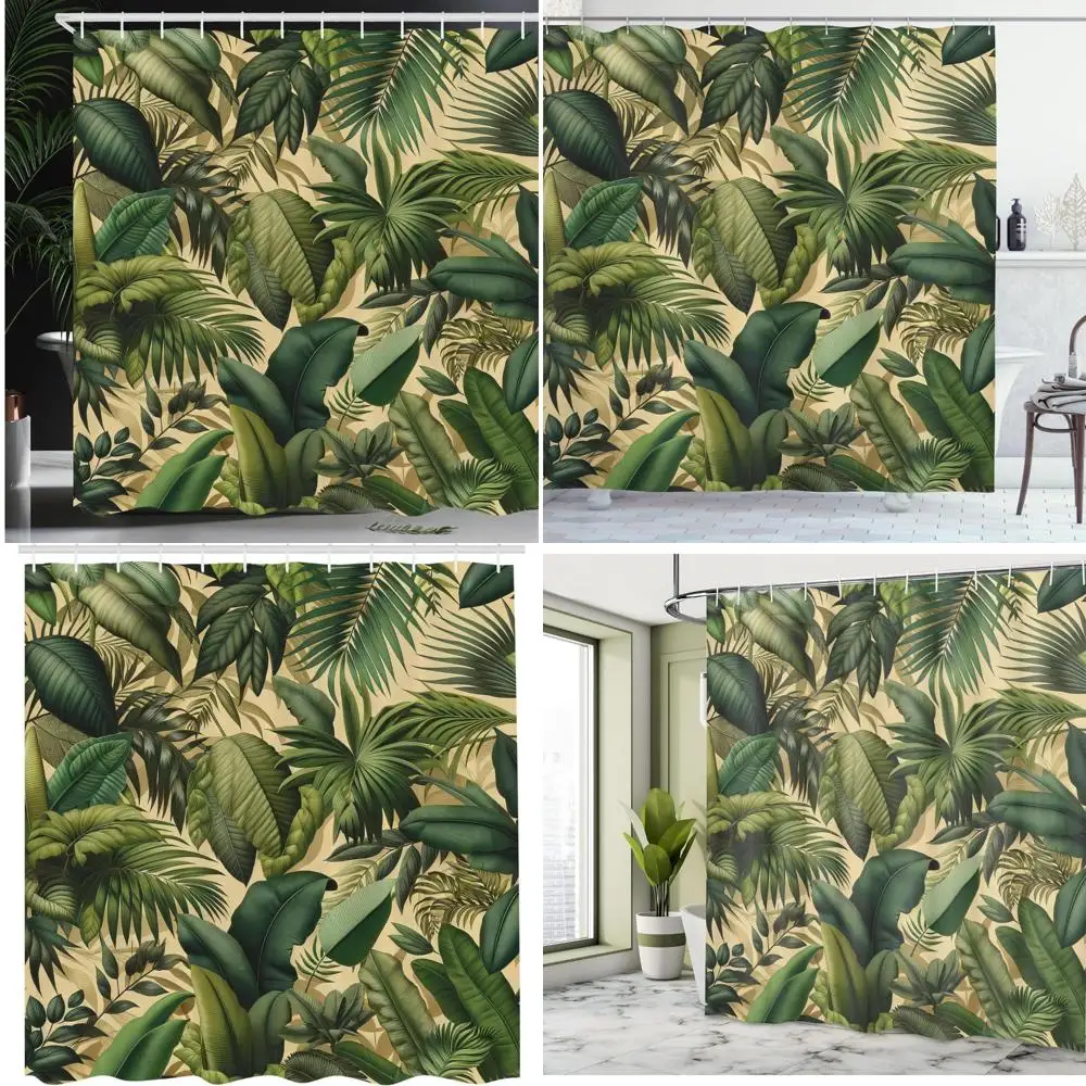 

tropical palm leaf jungle art shower curtain, modern green fabric bathroom decor