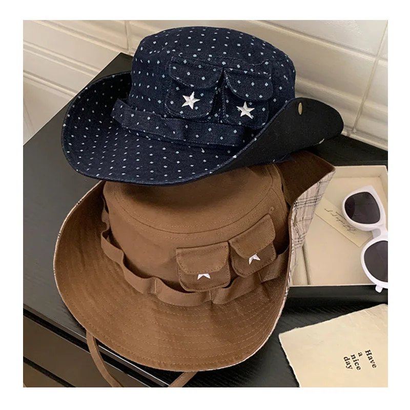Blue Dotted Star Western Cowboy Fishing Hat for Neutral Summer Outdoor Camping Mountain Climbing Broad Brimmed UV Protection Hat