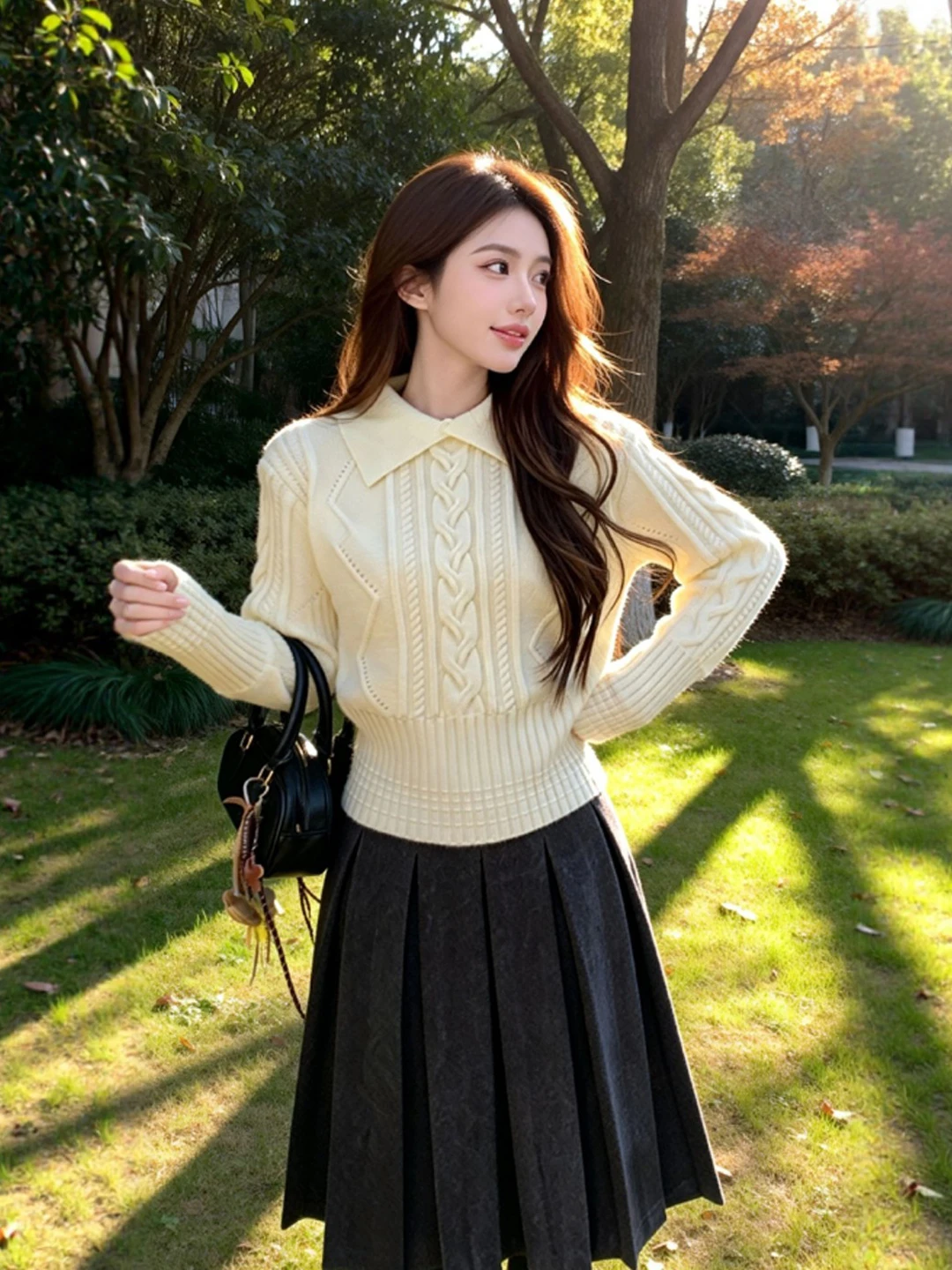 

Unique ort Knitted Sweater with Turn-down Collar Twist Design Gentle Sle Faionable Spring Top for Small Stature Women