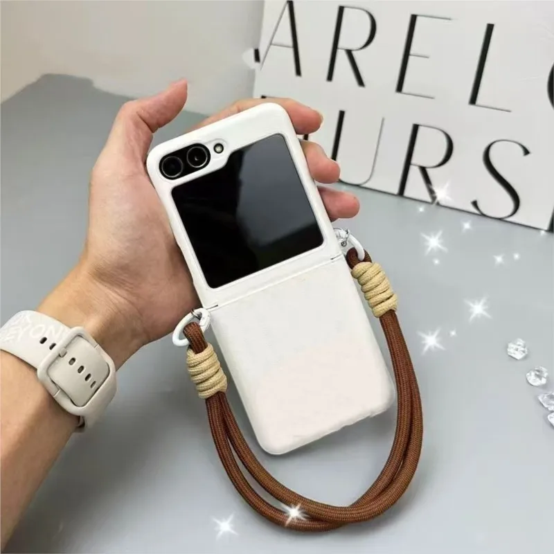 Korean Luxury Leather Handheld Short Rope Case for Samsung Galaxy Z Flip 6 5G Flip5 ZFlip6 Shockproof Cover