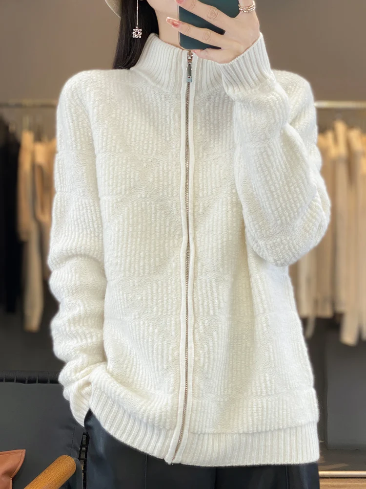 

Осенне-зимний женский свитер премиум-класса, новый 100% чистый шерстяной утолщенный воротник-стойка на молнии, мягкий липкий кардиган, топ