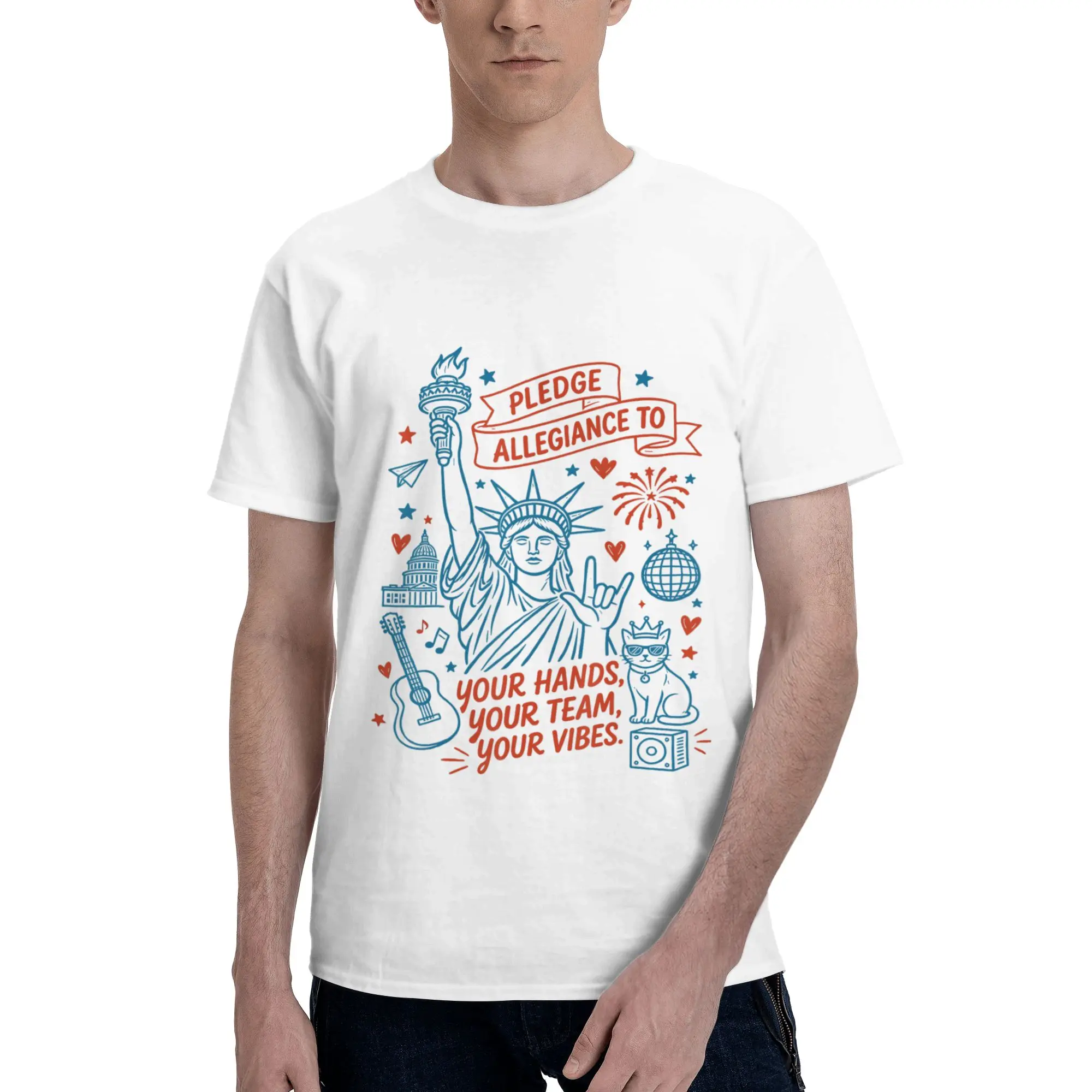 Statue of Liberty Patriotic Pledge Allegiance to Your Hands Men's T-Shirt Clothes  Creative Tee Shirt Short Sleeve fugees Cotton