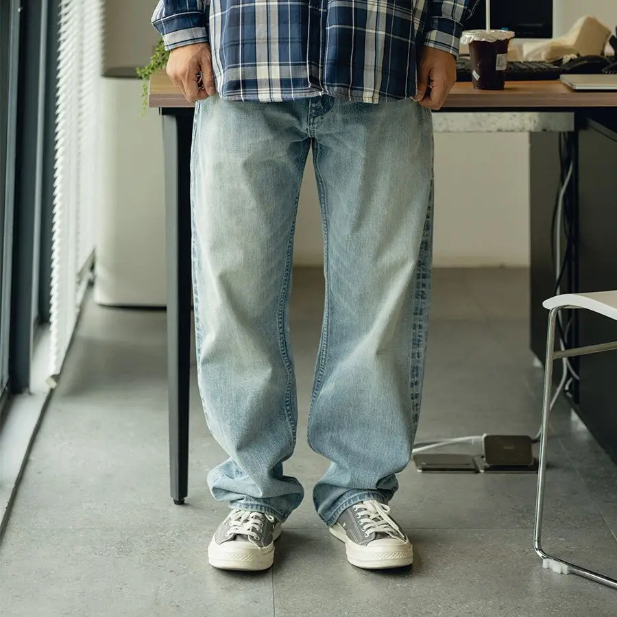 

Мужские свободные джинсы прямого кроя в стиле ретро, из хлопкового денима, со средней посадкой, на молнии, повседневные, молодежные, модные