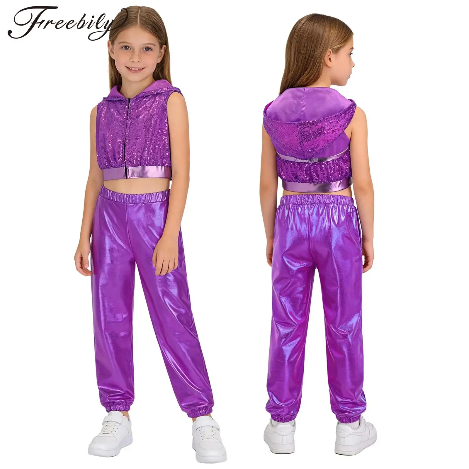 

Детский наряд для уличных танцев в стиле хип-хоп, джаз, с открытой спиной, на молнии, с блестками, укороченный жилет с капюшоном, топ с металлическими штанами, танцевальная одежда, уличная одежда