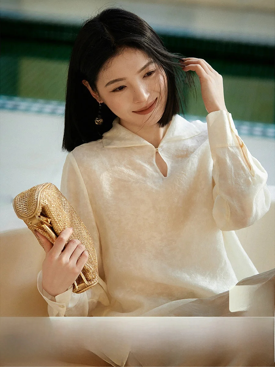 

Элегантная женская шелковая рубашка с текстурой белого фарфора, с воротником, длинным рукавом, дышащая, комфортная, весенняя новинка Xhange