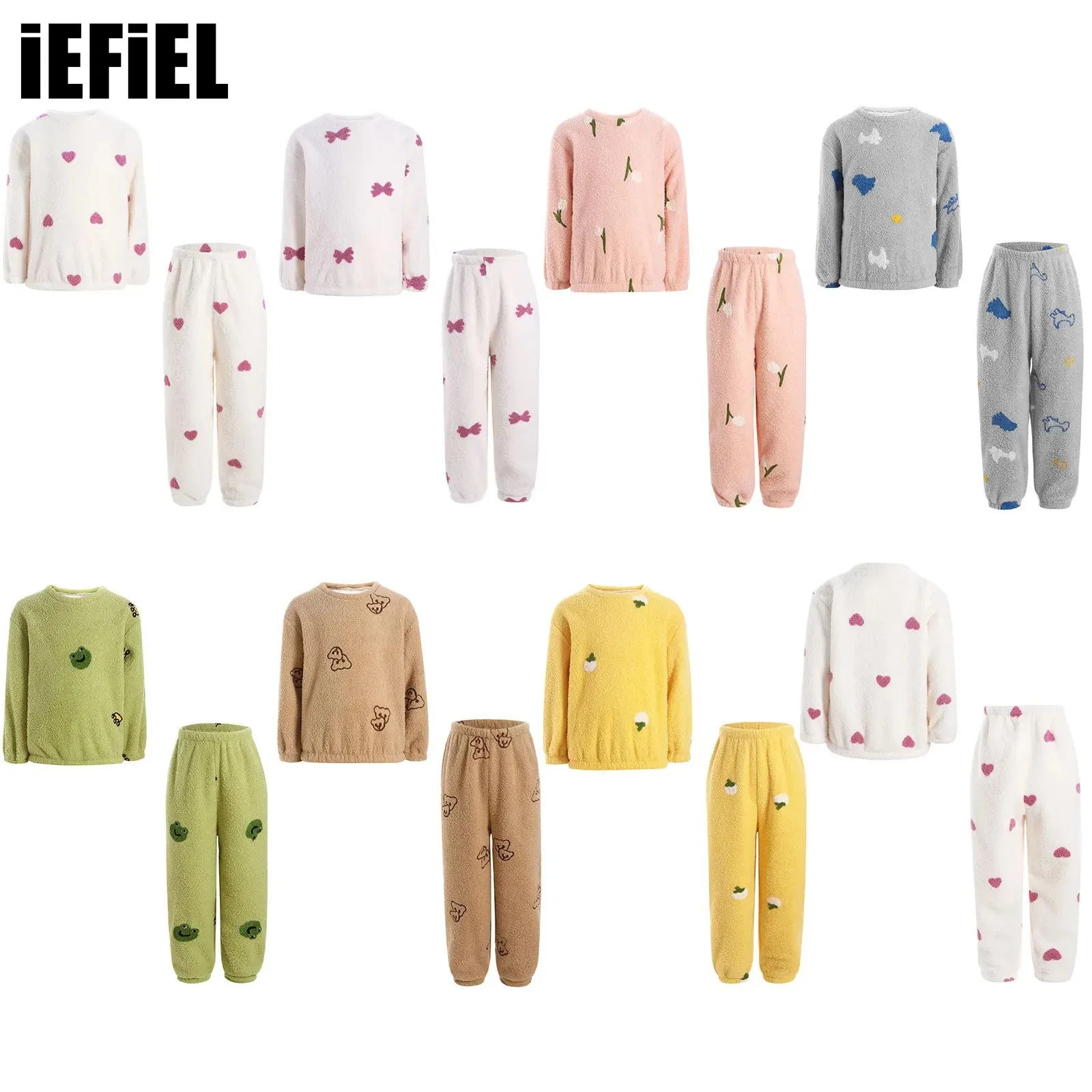 

Kids Cute Printed Fleece Pajama Set Girls Boys Sleepwear Nightwear Homewear Round Neck Long Sleeve Pullover Top with Pants