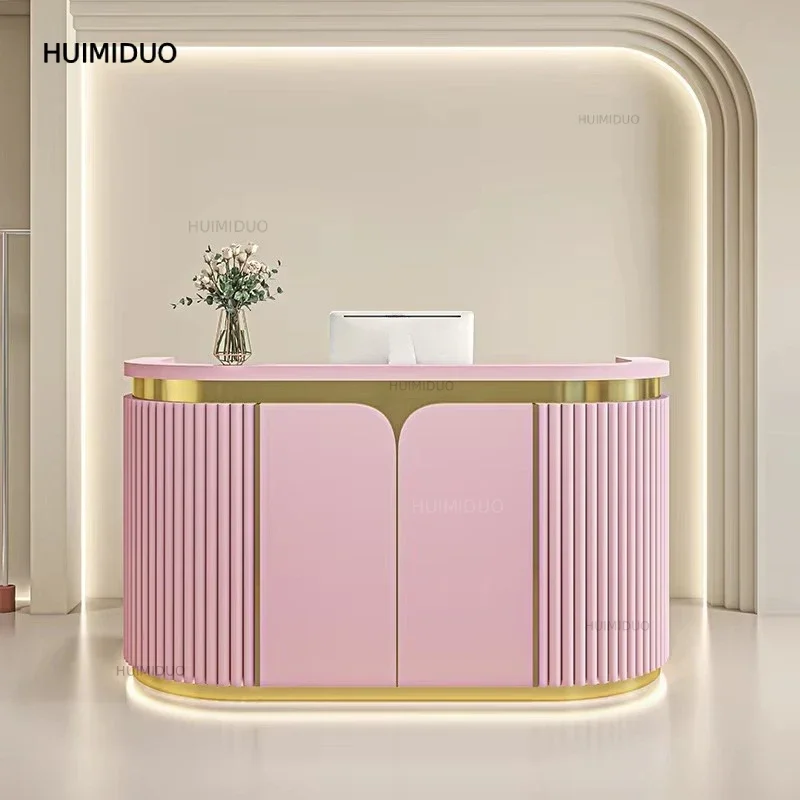 Solid Surface Top Information Counter Special Shape Front Desk Pink Reception Desk for SPA Beauty Salon