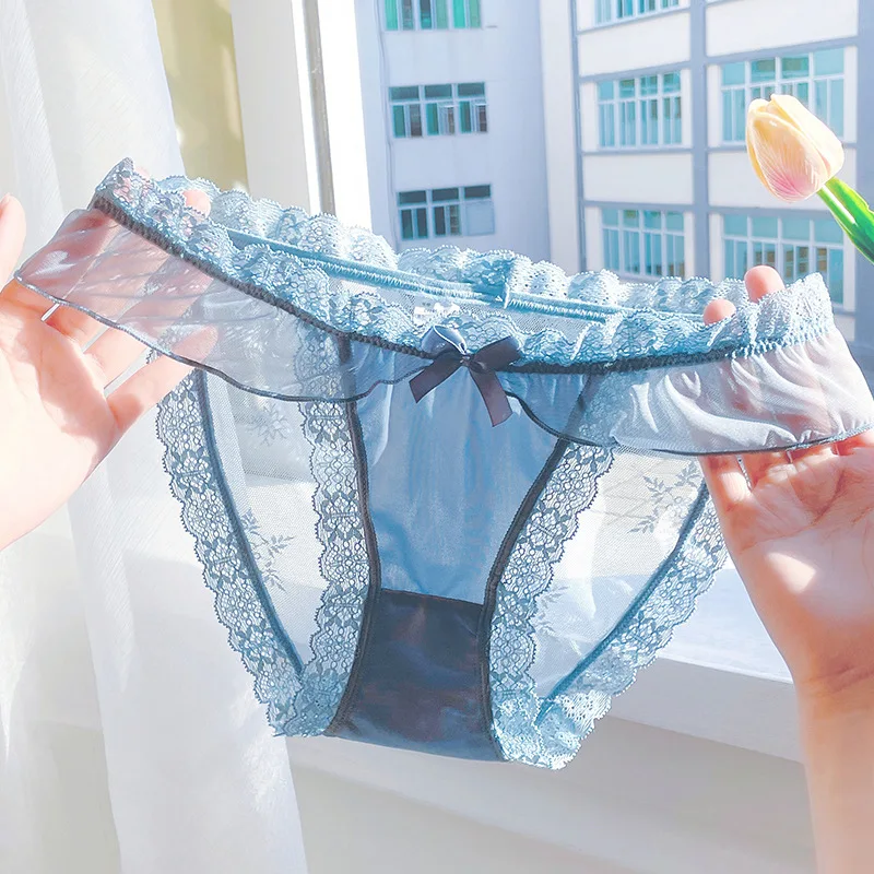 Women Sexy Lace Mesh Satin Transparent High Fork Underwear Elasticity Breathable Seamless Smooth Soft Panties Ruffles Breifs