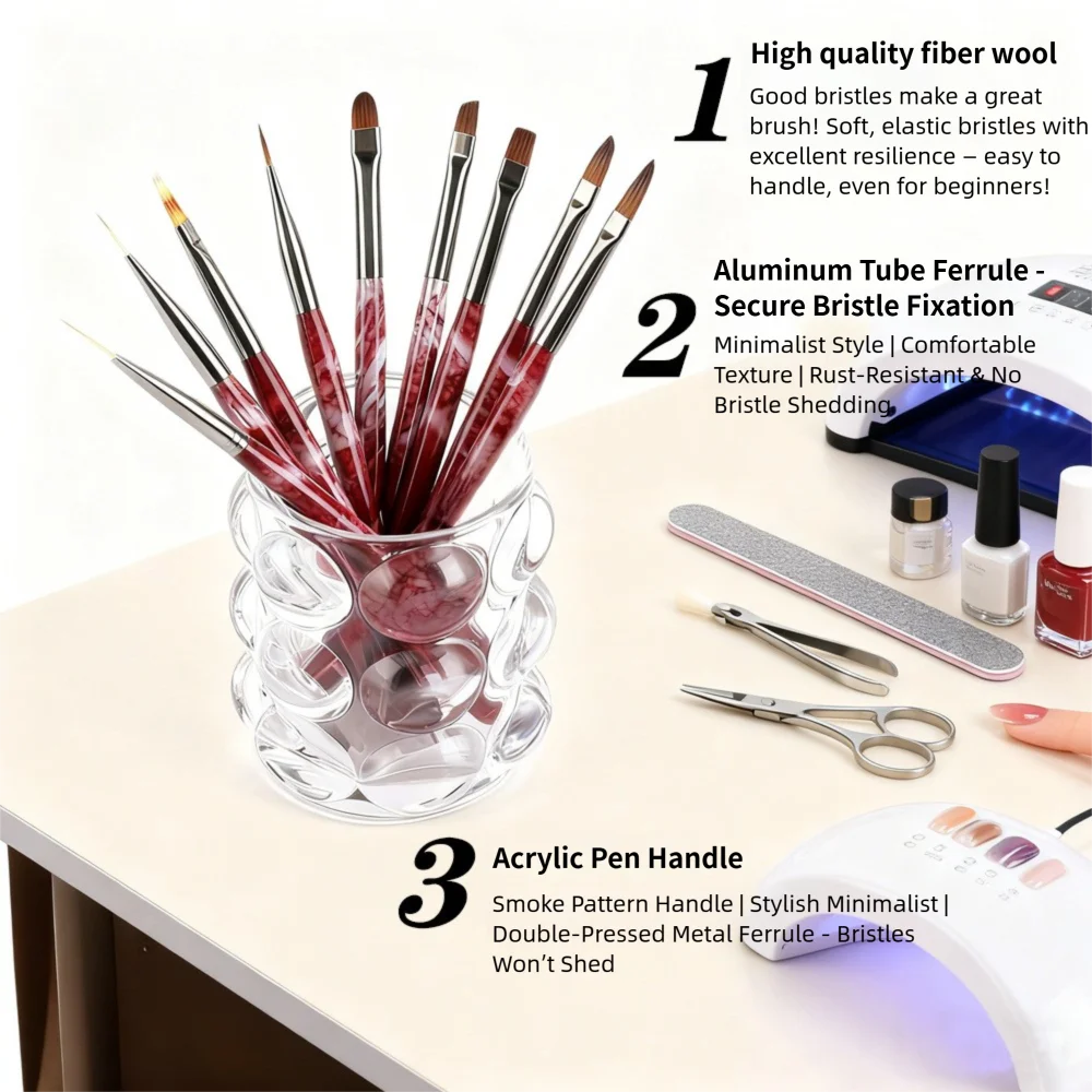 New 1/9PCS Wine Red Ink-Style Acrylic Nail Art Brush Set - Nail Extension Tool Pro Salon Home DIY Manicure Painting Design Kit