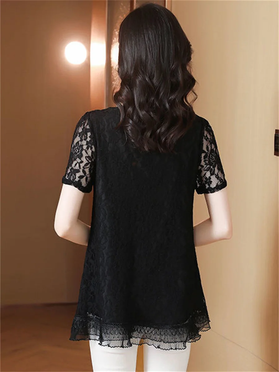 4XL Women Spring Summer Blouses Shirts Lady Fashion Casual Short Sleeve O-Neck Sexy Lace Embroidery Blusas Tops TT2093