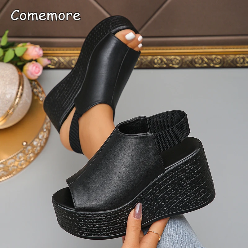 Fish Mouth Chunky Platform Sandals for Women Thick Sole Wedge Sandals with Elastic Band Summer Fashion High Heel Sandalias Mujer