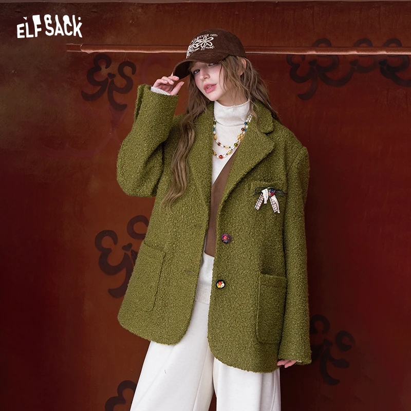ELFSACK Women's Casual Oversized Tweed Blazer with Decorative Buttons, Lapel Collar Short Coat