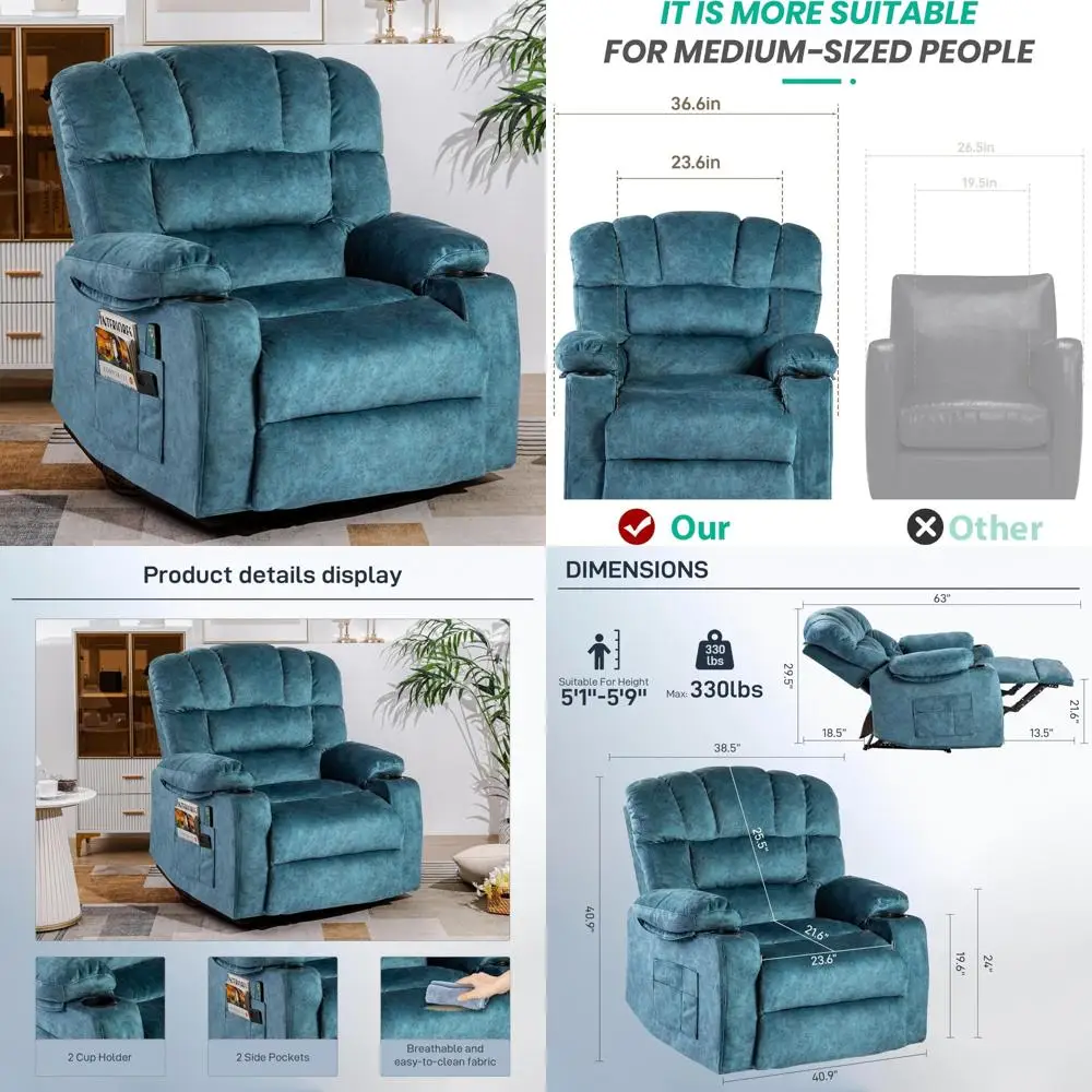 Modern Ergonomic Recliner Sofa with Foam Padding, Dual Cup Holders, and Side Pocket for Living Room