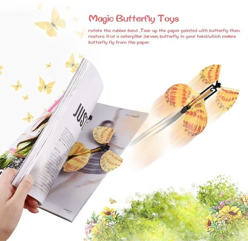 1PC Magic Wind Up Flying Butterfly in The Book Rubber Band Powered Magic Tricks Prop Fairy Flying Toys Surprise Gift Party Favor