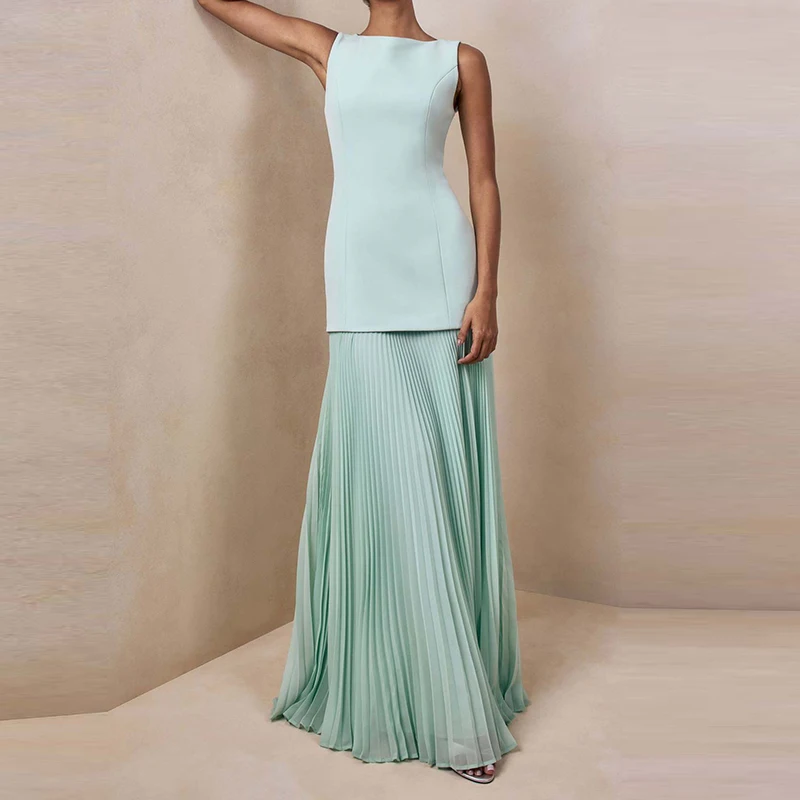 

Women Fashion Splicing Solid Club Party Dress Elegant O-neck Sleeveless Pleated Long Dress Casual Personality Summer Maxi Dress