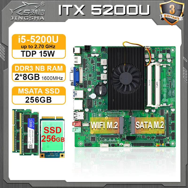 JINGSHA itx-5200U mini itx Industrial motherboard Set onboard intel i5 5200U CPU + 2*8GB DDR3 RAM + 256GB MSATA SSD itx computer