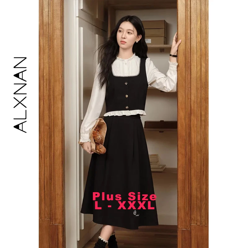 

Женская рубашка больших размеров ALXNAN, черно-белая лоскутная рубашка с имитацией двух частей, шикарная рубашка с рюшами и пуговицами, элегантный топ с длинными рукавами D068015