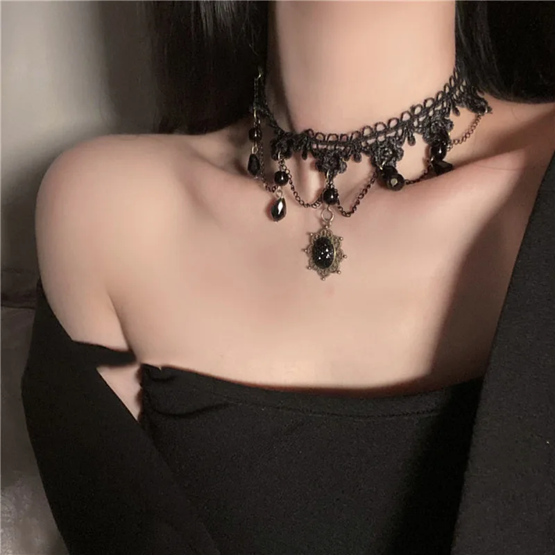 قلادة دلاية دانتيل للأميرة القوطية للنساء ، تقليد القطرات ، شرابة كريستال ، دانتيل عتيق داكن ، أسود #2