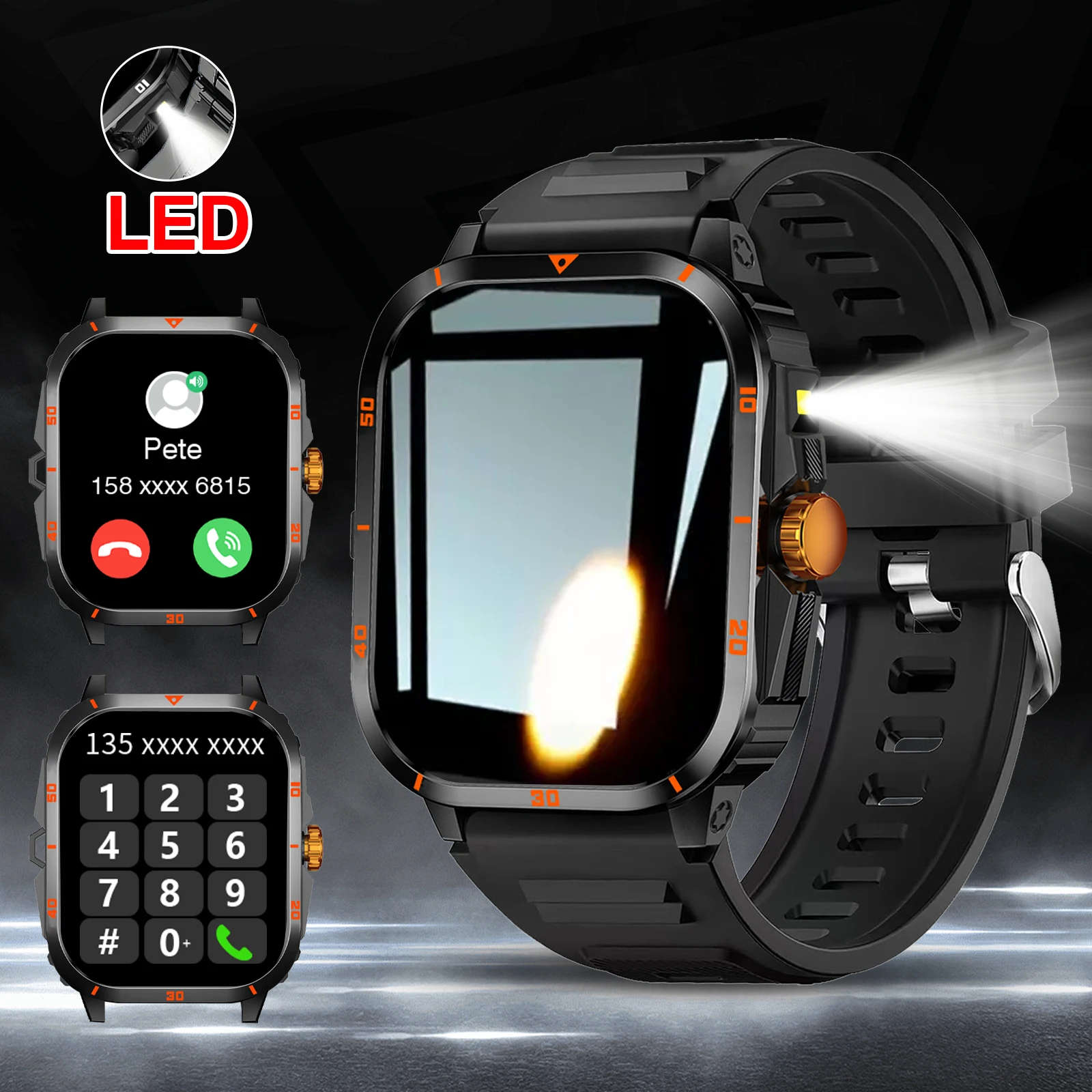 Smart watch, full touchscreen sports watch, Bluetooth calling, with flashlight, unisex, compatible with Android and iPhone.