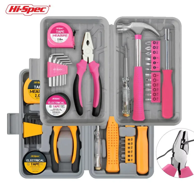 Hi-Spec Pink Yellow Household Tool Box Set Home Multi-function Hand Repairing Tool Kit Plier Hammer Screw Tape Measure Home Tool