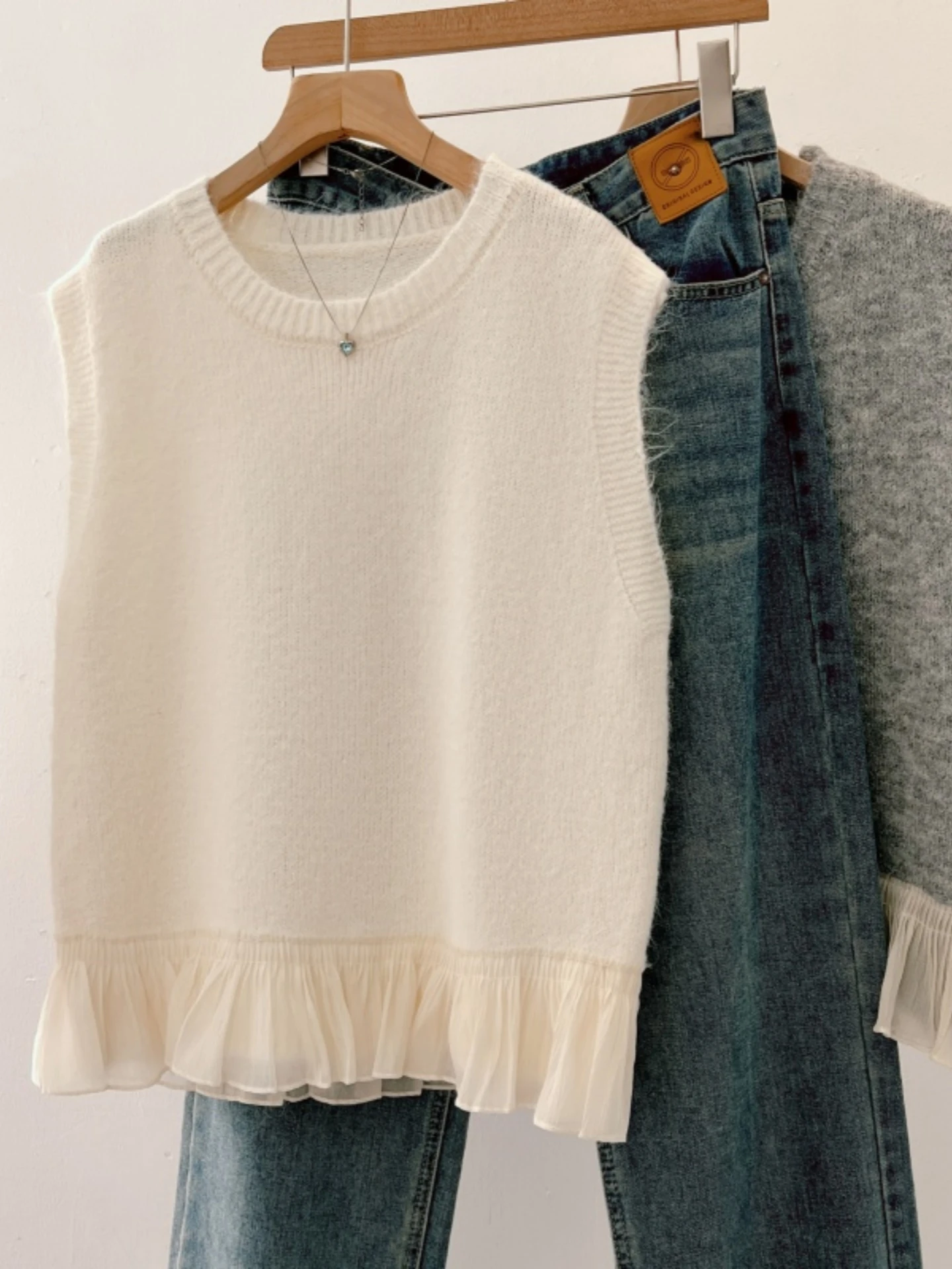 Lace Trim Knitted Vest Women's Layering Spring Autumn plus Size Slimming Design Sleeveless Top Fashionable Commute Style