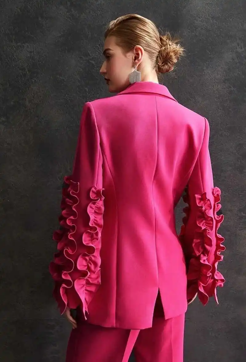Elegant 2 Pieces Women Suits Dresses Peaked Lapel One Button Blazer Loose Customized Ruffle Sleeve Power Gown