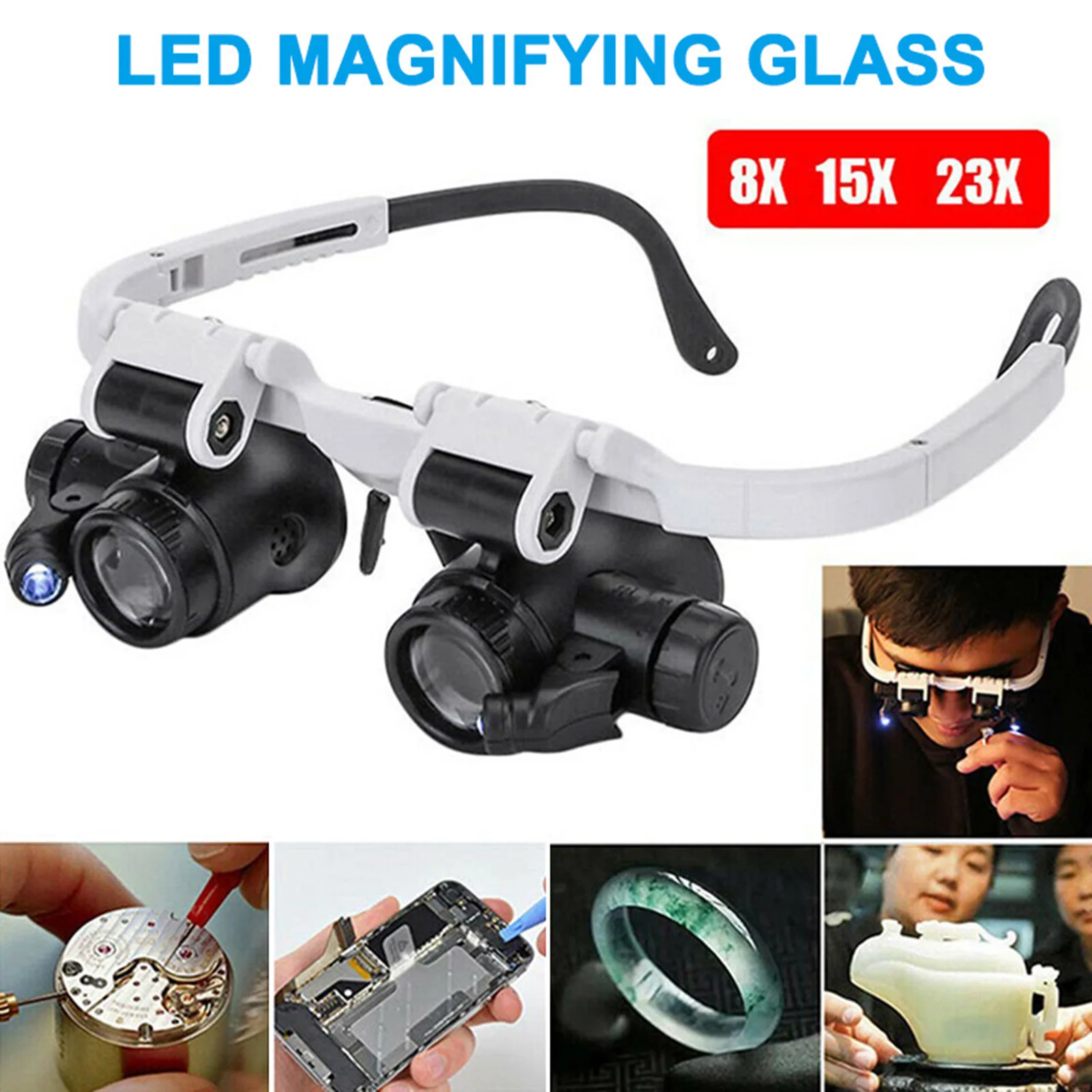 Telescope Magnifier with Dual LED Light Head-Mounted Magnifying Glass for Modelling Repairing Sewing Soldering