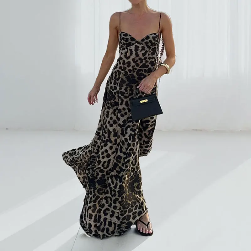 Summer Women New Fashionable Leopard Print Sling Long Dress Women's Slim Sleeveless High Waist Pleated Dress Vacation Beach Robe