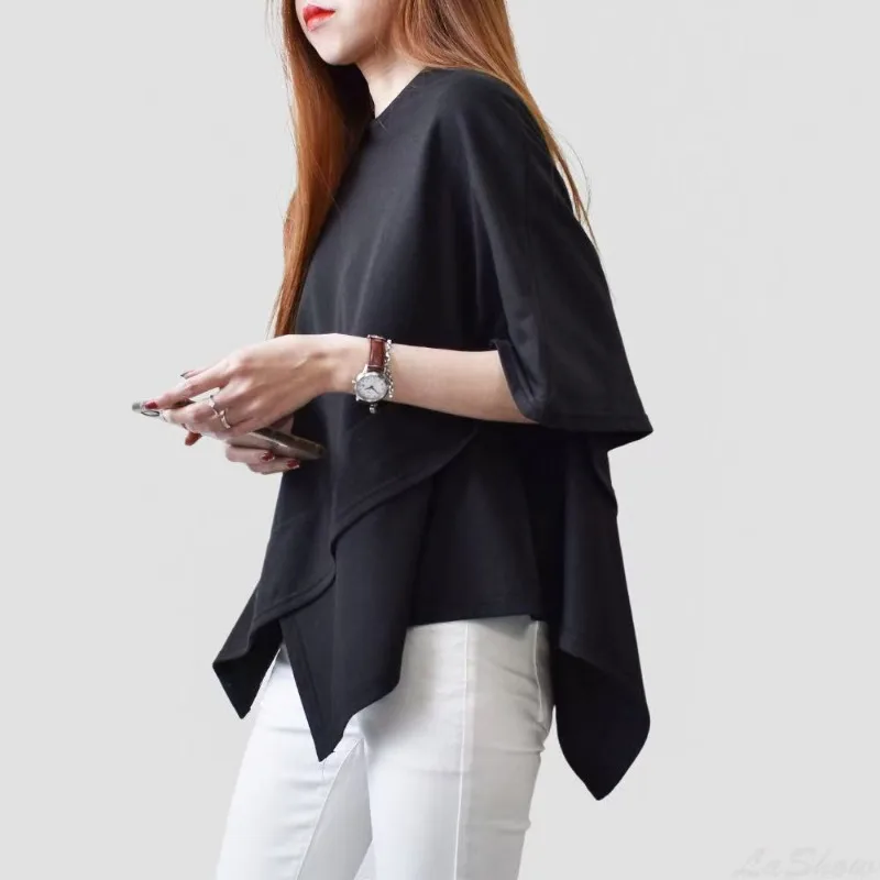 Summer Women Cross Irregular Top Casual Base Shirt Ladies Slimming Short Sleeve T-Shirt Lady Loose Street Dance Sports Top Woman