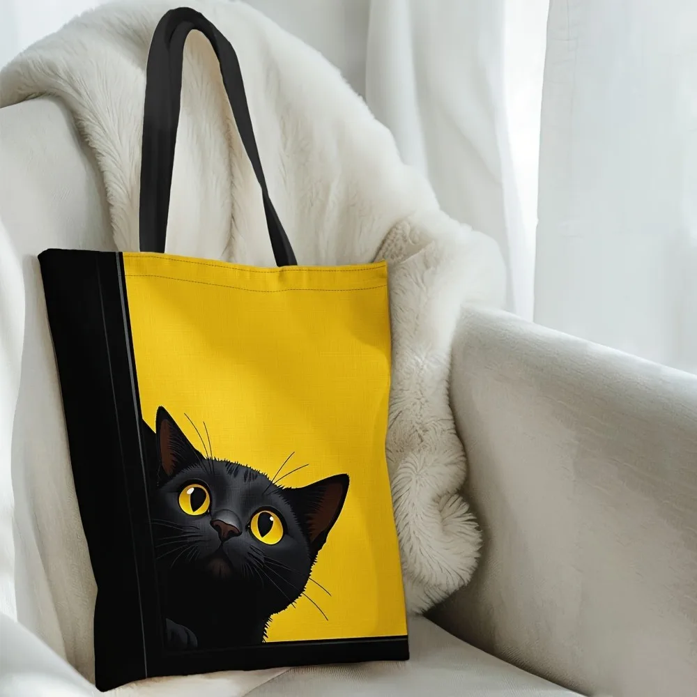 Stilvolle Einkaufstasche mit schwarzem Katzenmuster, leichte und faltbare Schulter-Einkaufstasche für Schule, Reisen, tragbare Aufbewahrungshandtasche – Detail 7