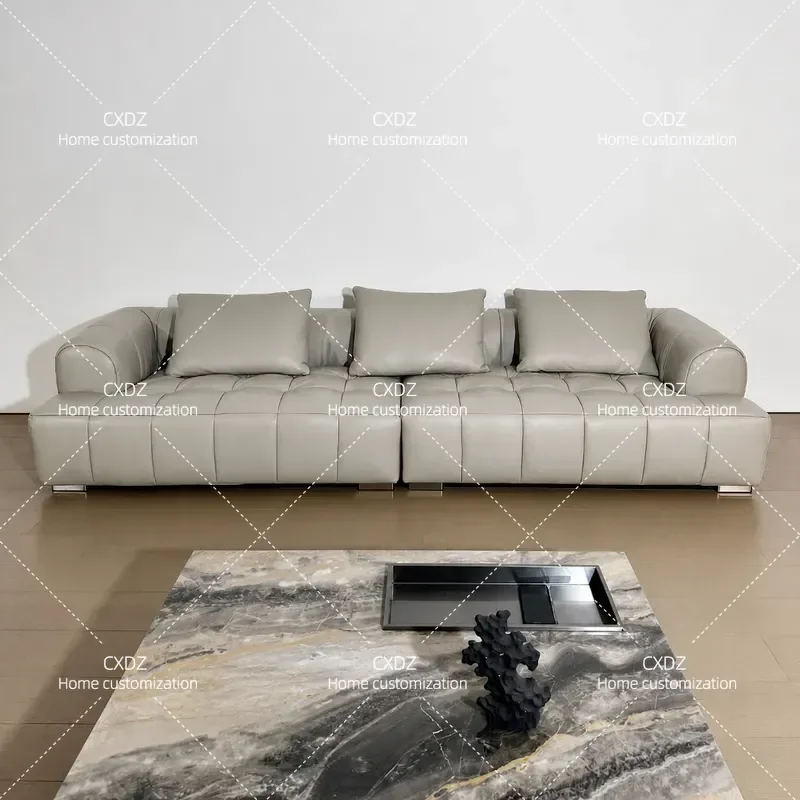 First Layer Cowhide Leather Sofa Minimalist Tofu Block Design 2024 New Piano Key Puff Couch Living Room Furniture