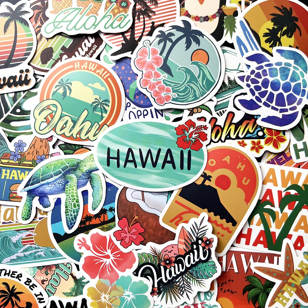 50PCS Hawaii Summer Holiday Kawaii Stickers Set for Students Hand Ledger Mobile Phone & Guitar Decor Kids Stationery Toys