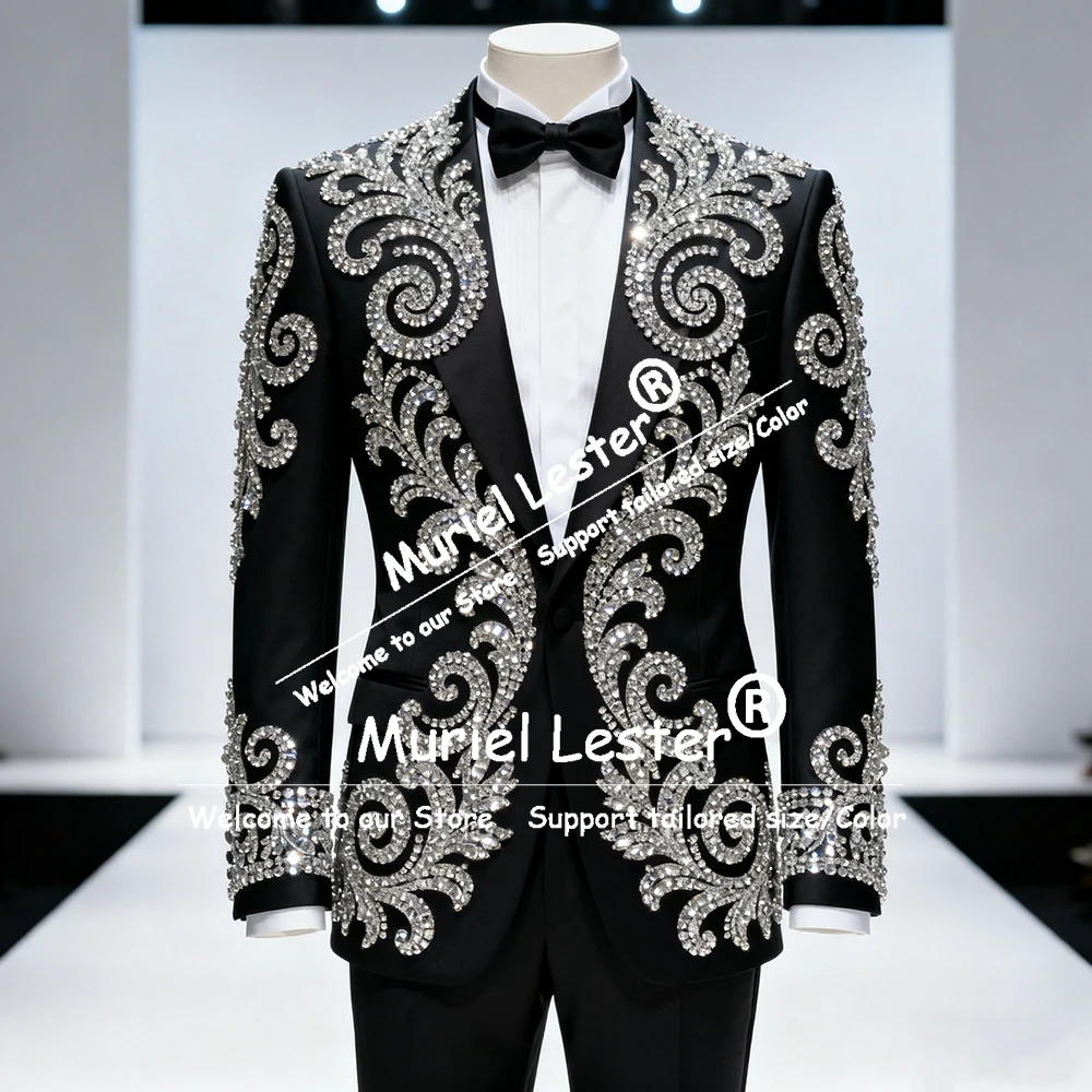 

Свадебные костюмы с металлическими камнями и бисером для мужчин, эксклюзивный дизайн, однобортные мужские пиджаки для выпускного вечера, мужские смокинги из 2 предметов по индивидуальному заказу