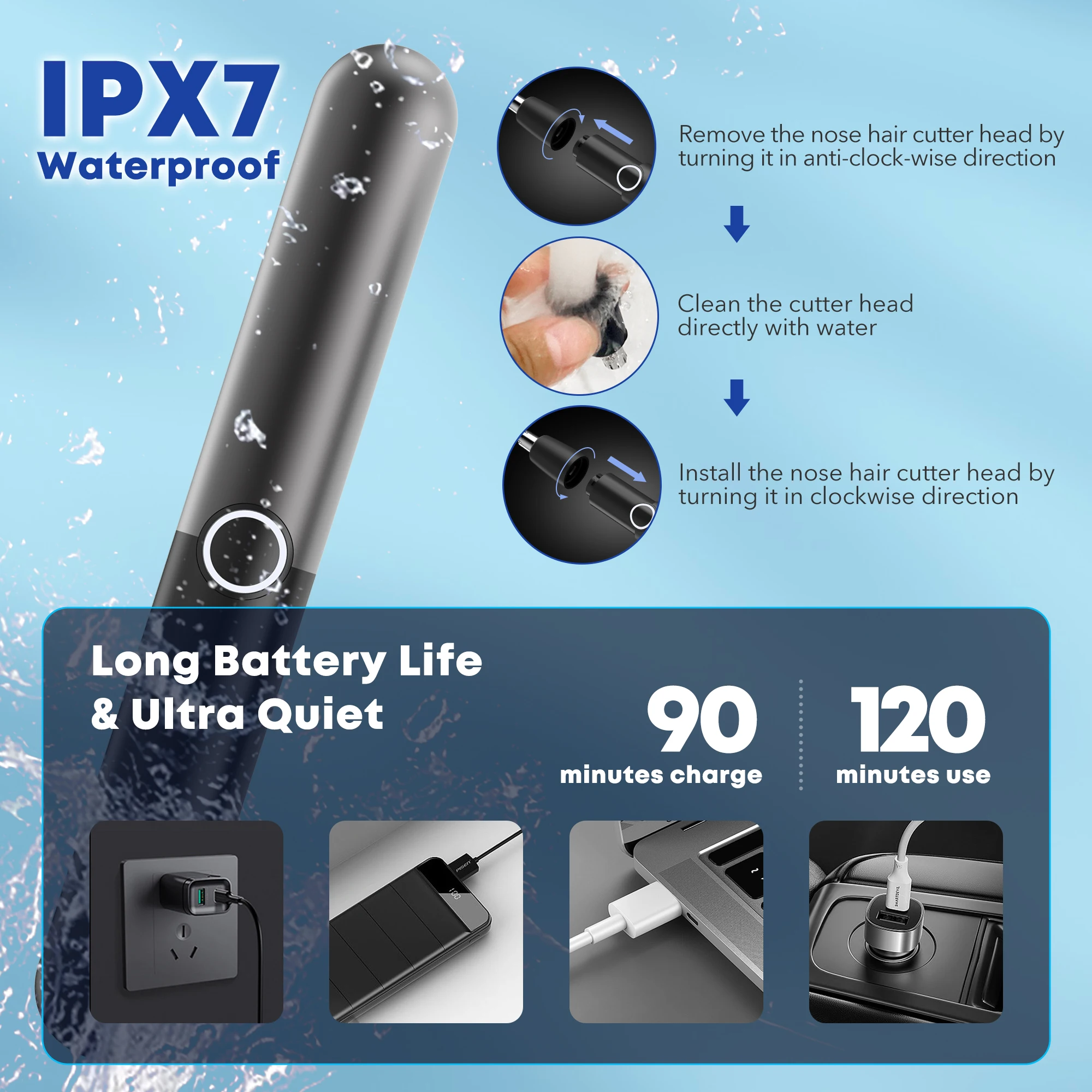 Sejoy 2-in-1 Nose and Ear Trimmer Groomer Kit Cordless Rechargeable Washable Painless Gentle Hair Removal Shaver Tool