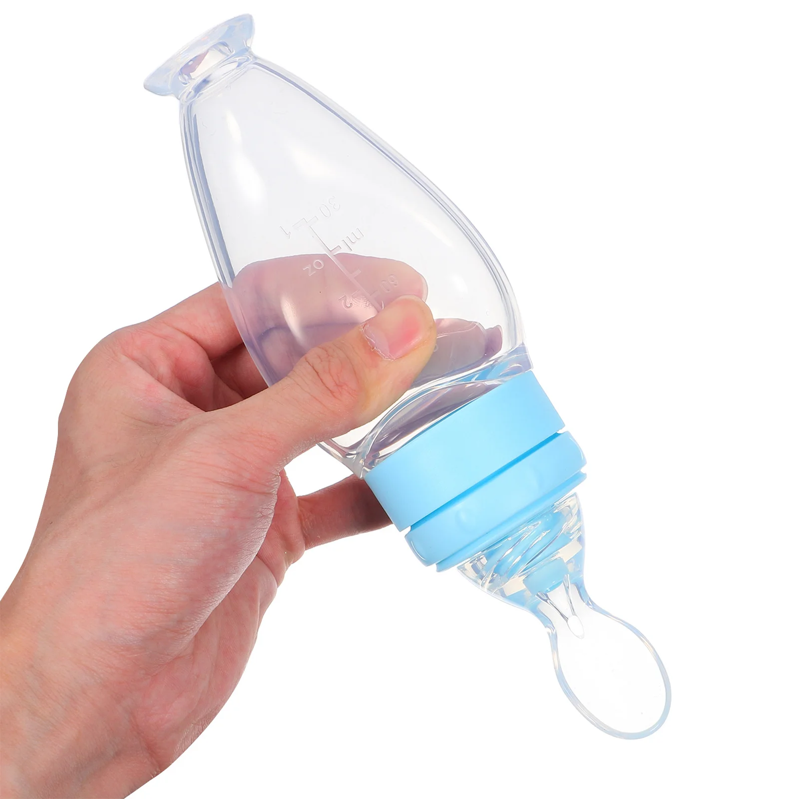 

Silicone Baby Feeding Spoon Squeeze Bottles Blue Soft Infant Food Feeder Suction Base Measuring Spoon for Rice Cereal Puree