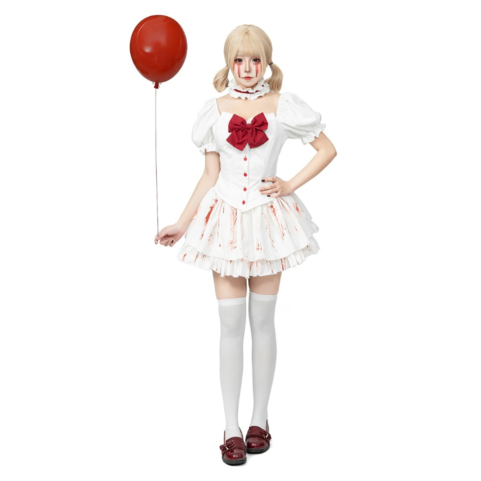 

Halloween Lolita Bow Uniform Gothic Bloody Horror White Short Skirt with Necklace Maid Costume Stage Performance Dress