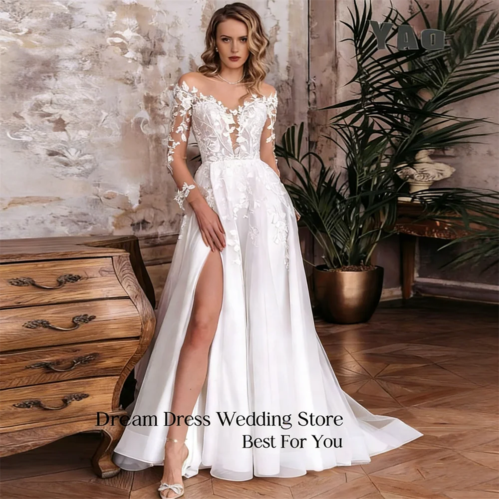 

DREAM Women's Long Sleeve Lace Wedding Dress Bareback Embroidered Luxury High Quality De Noiva Customized