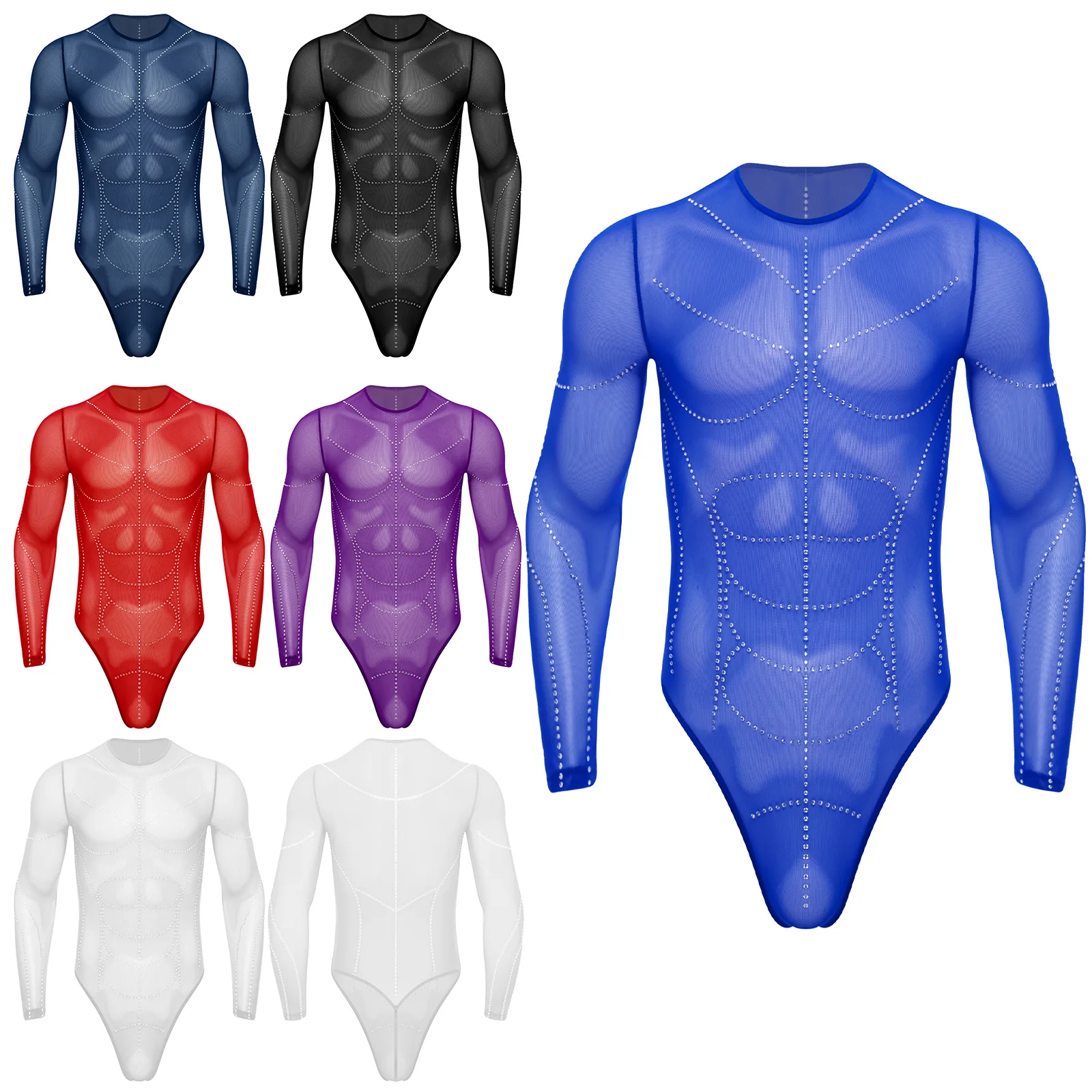 

Men Sheer Mesh Bodysuit Lingerie Clubwear Long Sleeve T-back Rhinestones Shaping Muscle Lines Leotard Jumpsuit for Body Showing