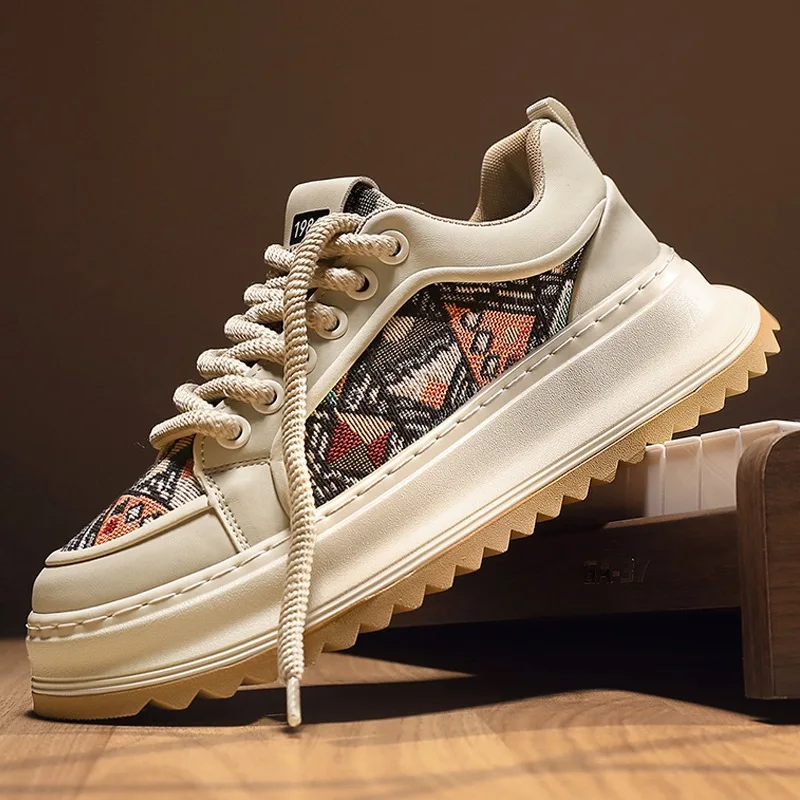 

Мужские кроссовки, дизайнерские модные повседневные туфли для скейтбординга в стиле ретро, кожаная ткань, дышащая обувь на плоской платформе, увеличенная высота2025