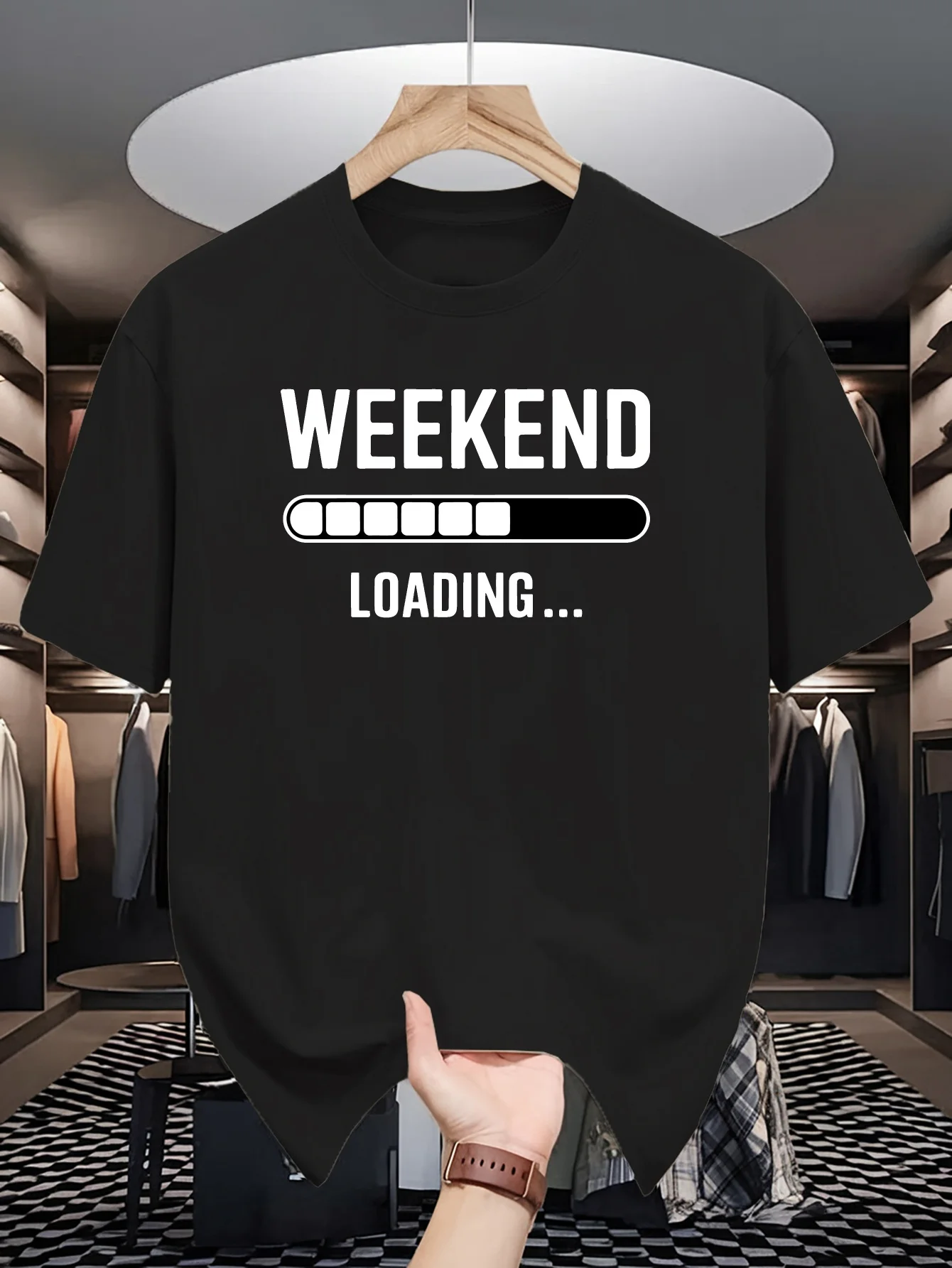 Mens Crew Neck T Shirt Weekend Loading Progress Bar Funny Text Graphic Short Sleeve Casual Cotton Office Humor Streetwear Tees