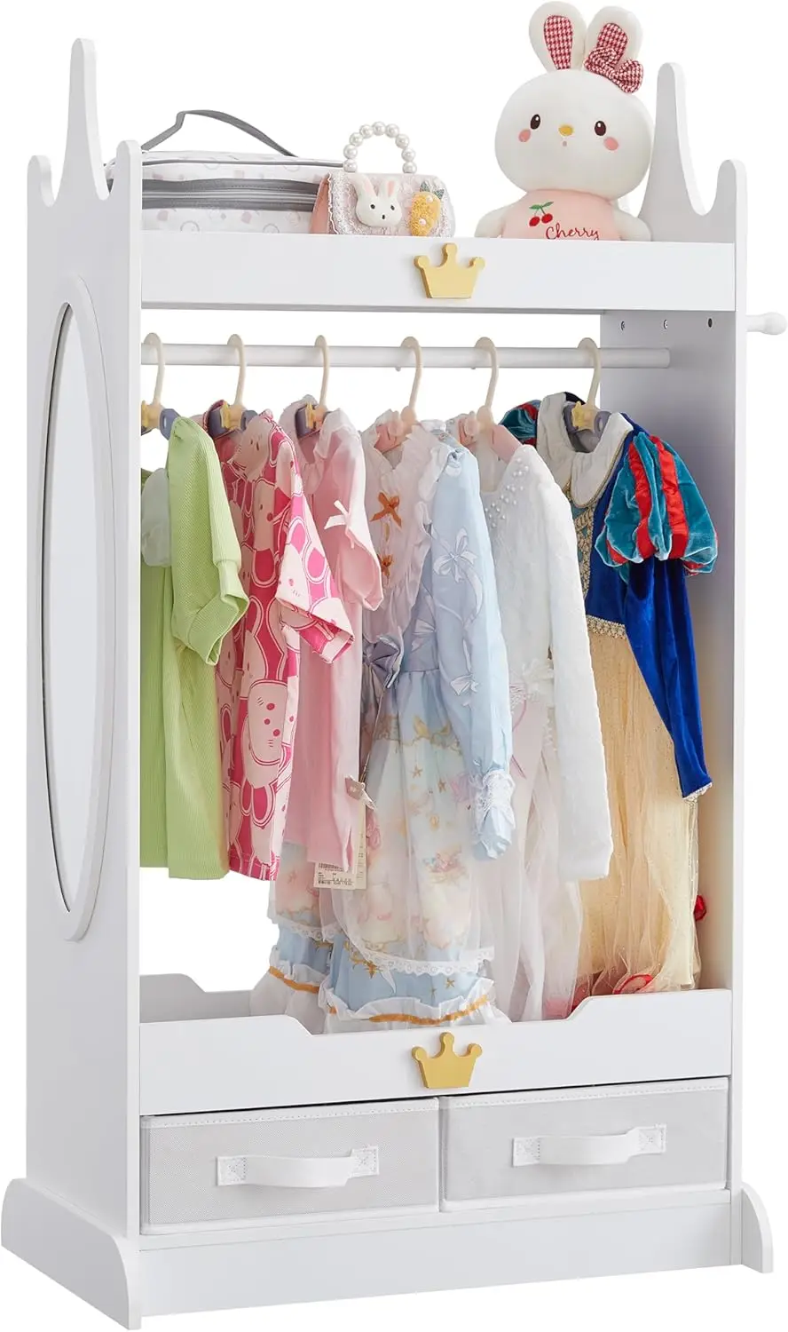 Kids Dress Up Storage with Mirror, Kids Armoire with Non-Woven Drawers, Open Costume Closet with Hanging Rack(White)