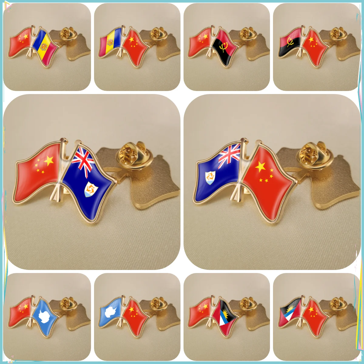 China and Andorra Angola Anguilla Antarctica Antigua and Barbuda Crossed Double Friendship Flags Lapel Pins Brooch Badges